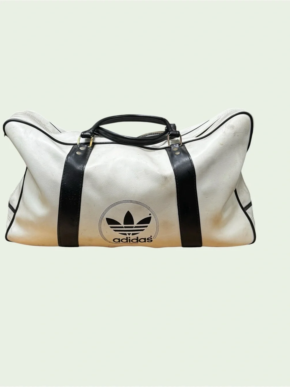 VTG 70s 80s Adidas Trefoil White Black Leatherette Duffel Gym Bag Rare